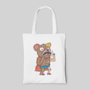 White lowbrow designed tote bag with half Bear and human illustration in blue underpants and red cape, front side