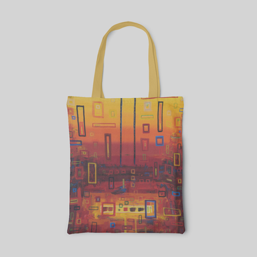 abstract designed tote bag with blending of warm colour tone base and different colour of quadrilaterals, front side