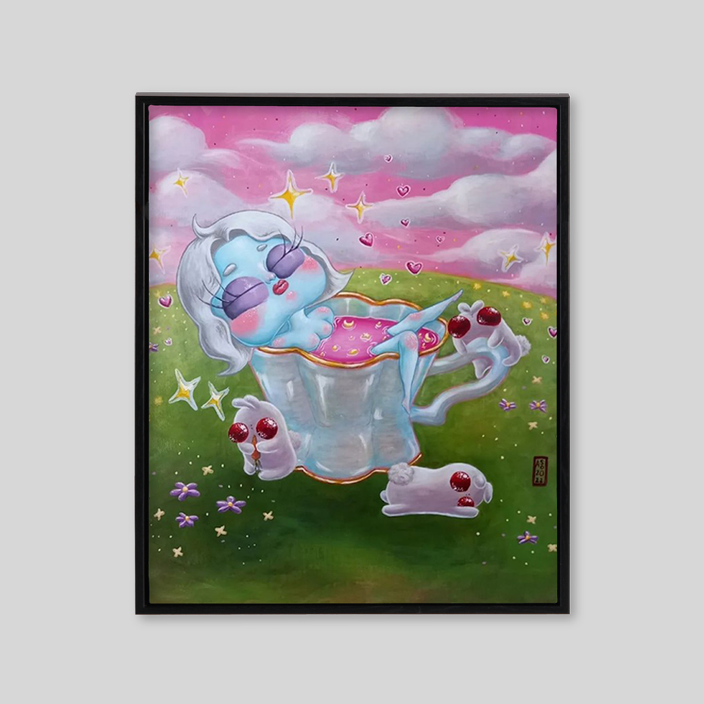 Blue alien girl taking a bath in field of grass under pink sky