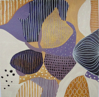 Beige purple and white abstract art with shapes dots and lines