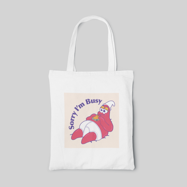 lowbrow designed tote bag with Patrick Star in SpongeBob eating hamburger with quote, front side