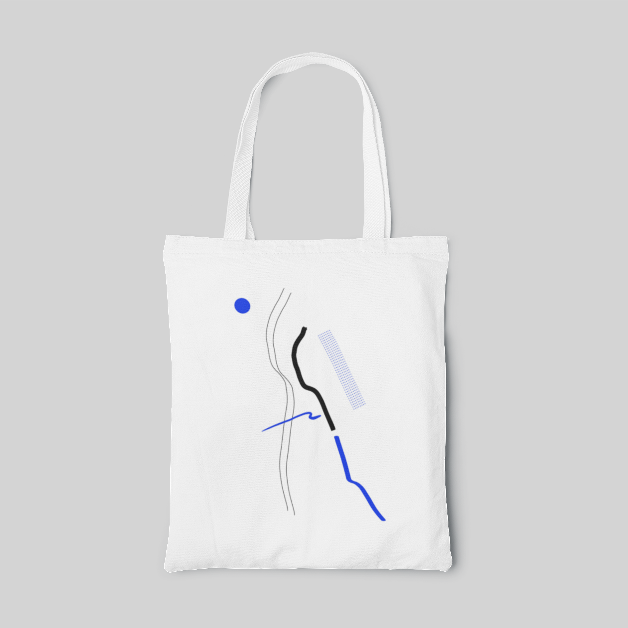 White designed tote bag with black and blue lines, front side