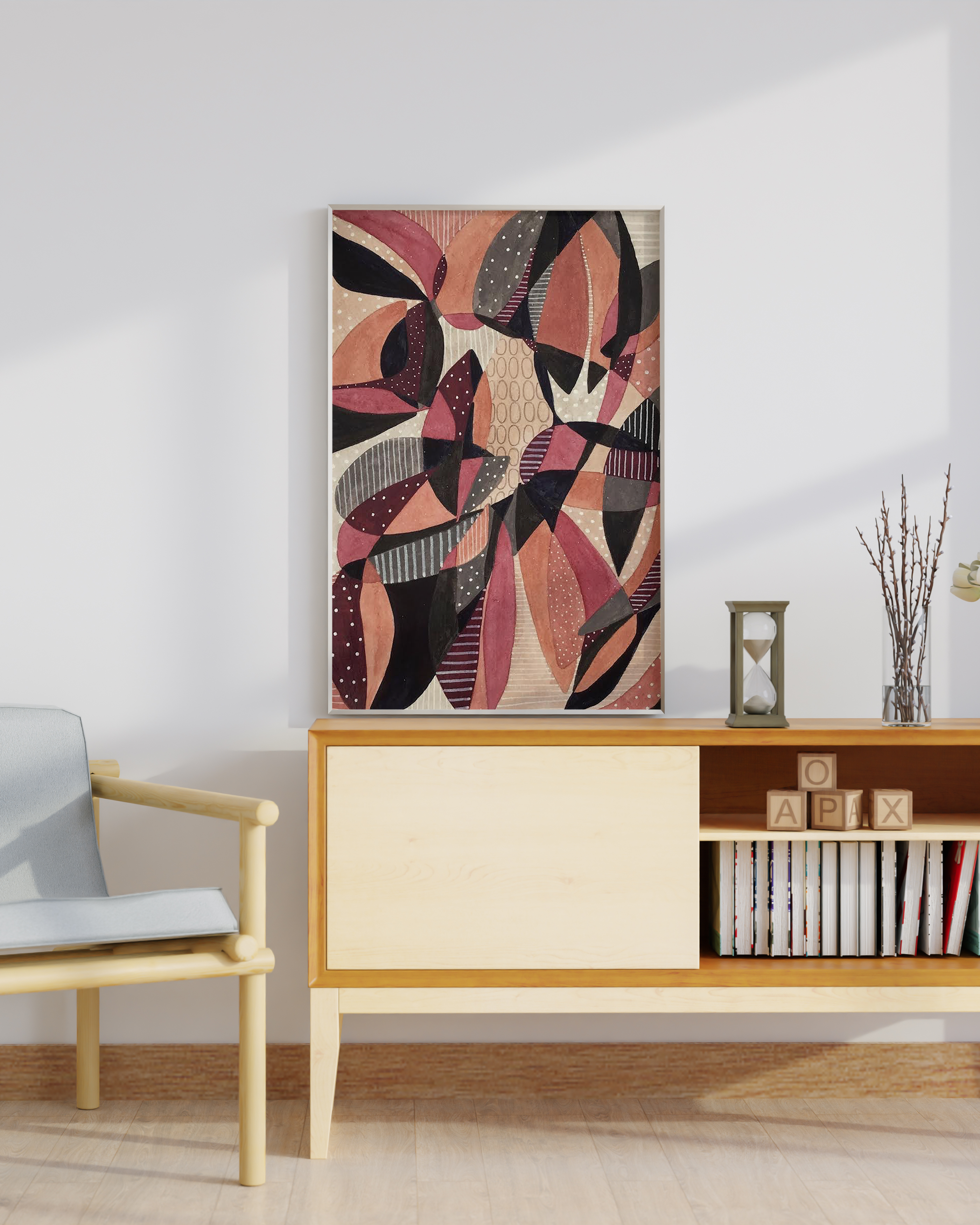 Peach red black and beige abstract art with overlapping shapes 
