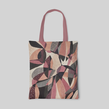Abstract designed tote bag with red orange beige and black pattern, front side