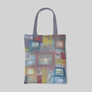 abstract designed tote bag with purple handles, and dirty shades of quadrilaterals, front side