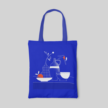 Bright blue minimalist designed tote bag with white line drawing of vases and a girl with orange swimsuit jumping off to a bowl, front side