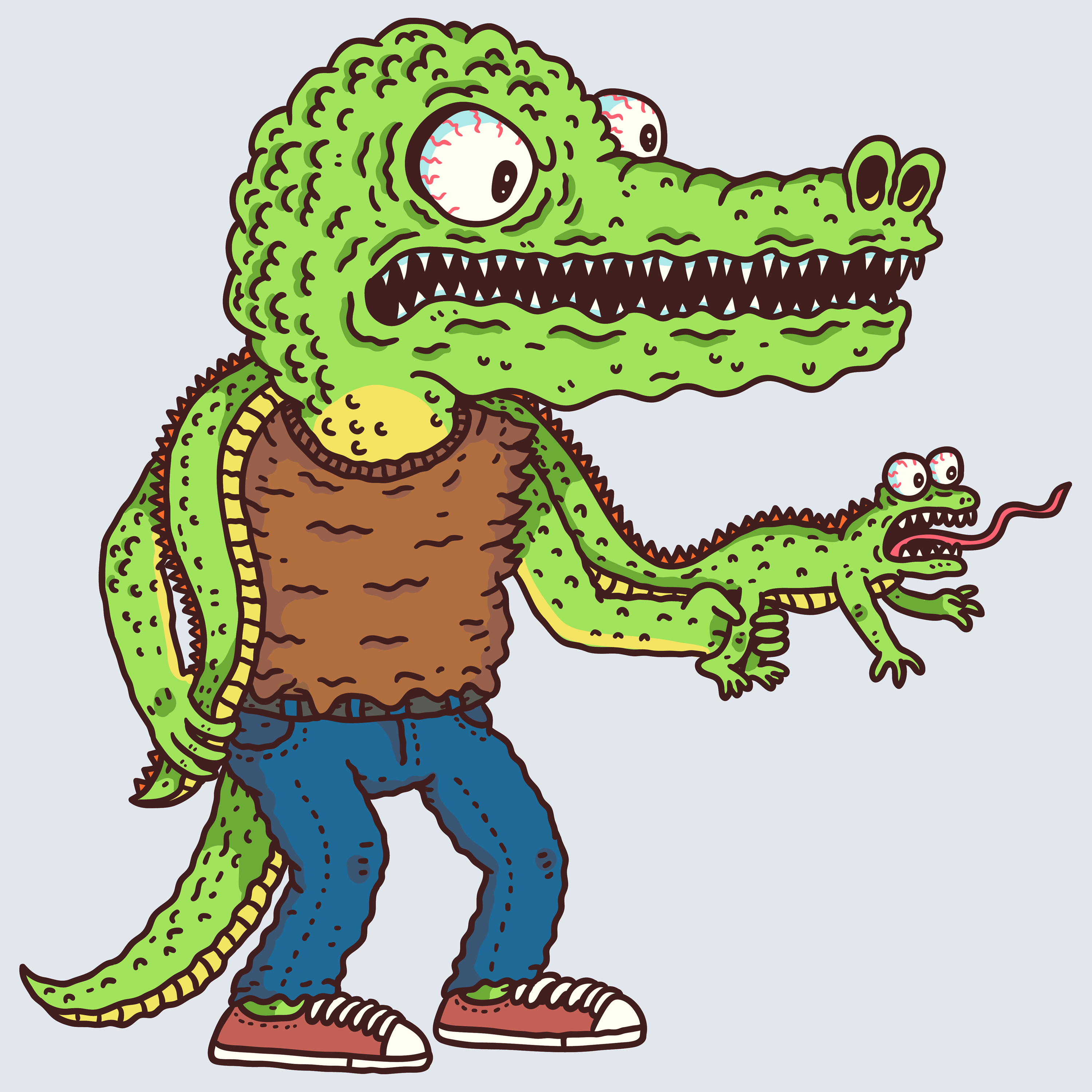 Green cartoon style crocodile in brown shirt and jeans holding smaller crocodile 