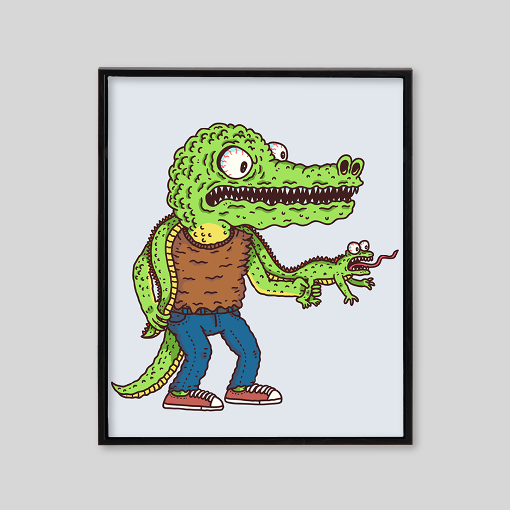 Green cartoon style crocodile in brown shirt and jeans holding smaller crocodile 