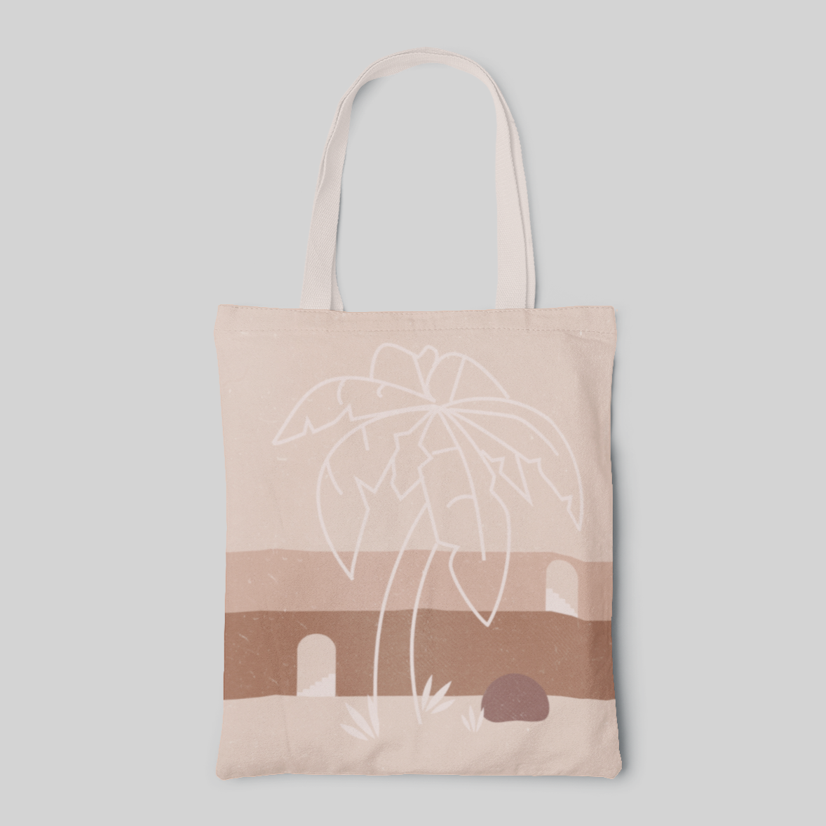 earth colour theme designed tote bag with line drawing of a palm tree and colour blocks of stairs and stone, front side