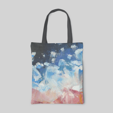 abstract designed tote bag with red, blue and white oil paining to represent flows of water, front side