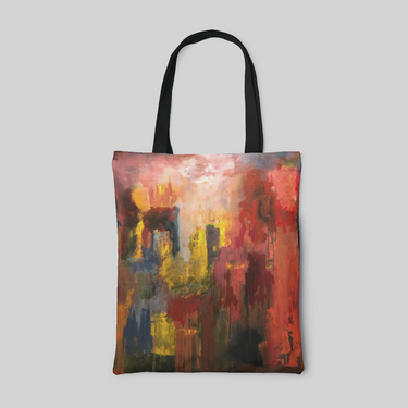 abstract designed black tote bag with red, coral pink and white base, Prussian blue shade and yellow highlight, front side
