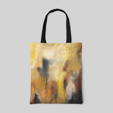 abstract design tote bag with black handles, blending with yellow, white, brown and black colours, front side