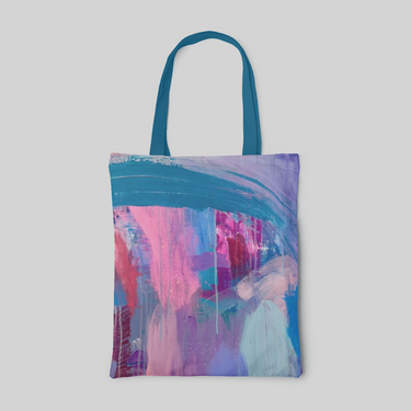 abstract designed tote bag with blue handles, painted with blue, purple, red and pink colours, front side
