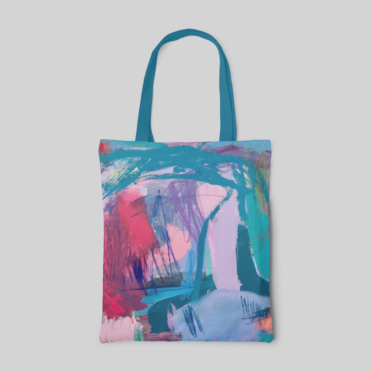 abstract designed tote bag with turquoise, green, pink and purple strokes, front side