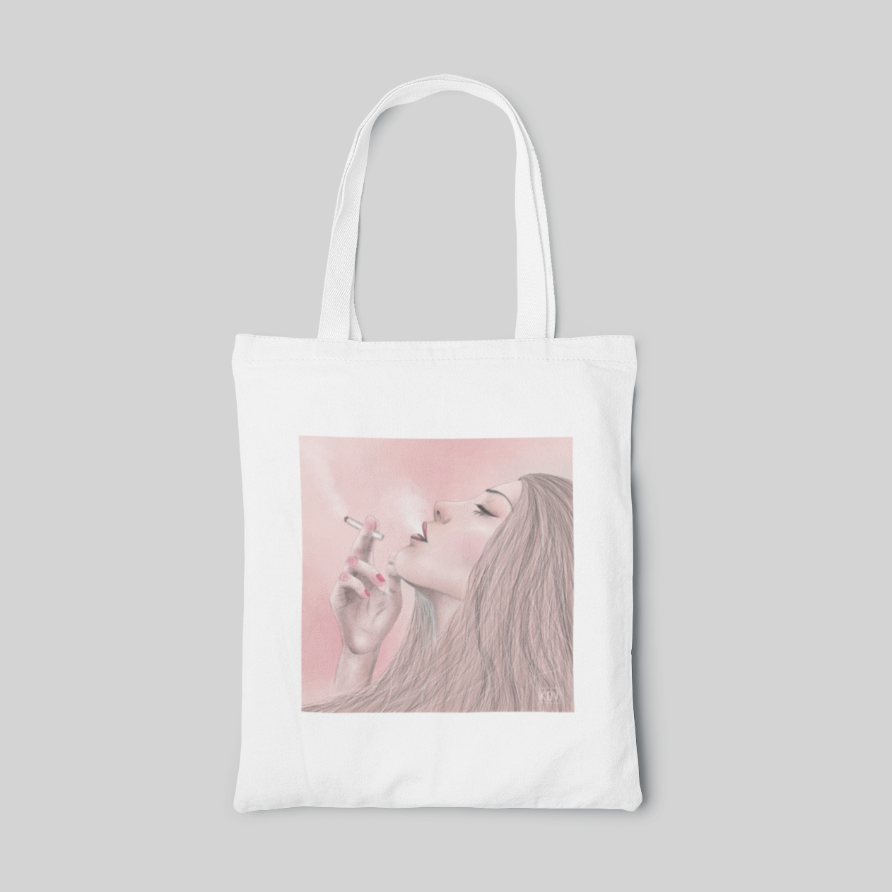 white designed tote bag with a smoking woman sketches in a pink background, front side