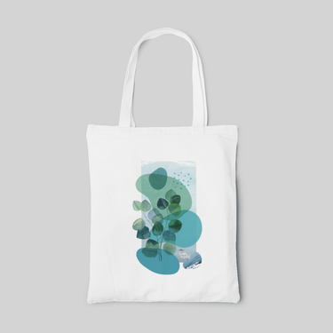White nature designed tote bag with green and blue abstract art, front side