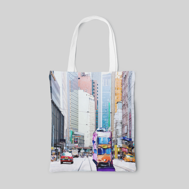 urban designed tote bag with illustration of Hong Kong Island, front side