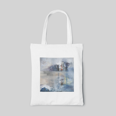 abstract designed tote bag with plain shade of gray and blue, and shows the symphony of colour chaos, front side