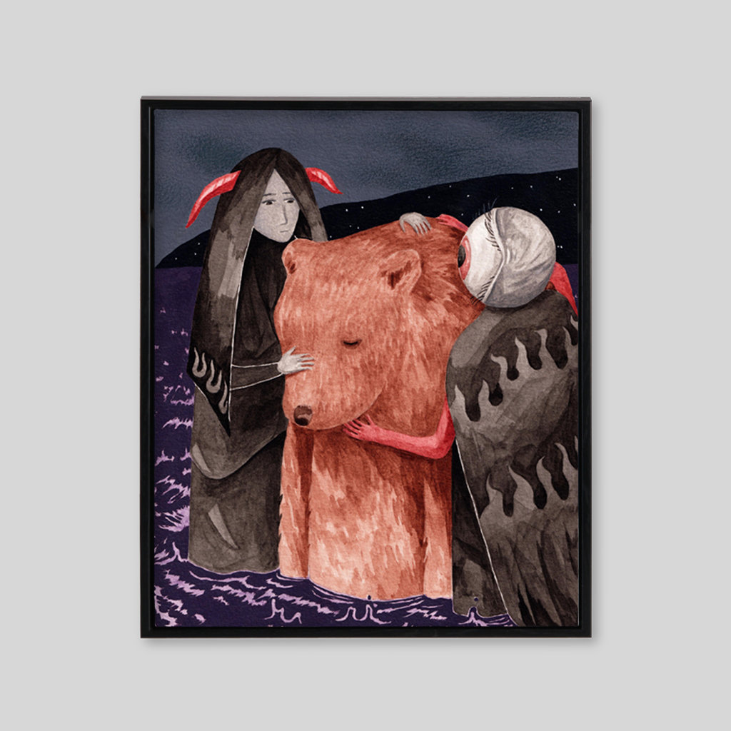 Dark painting with grey girl in red horns and brown bear 