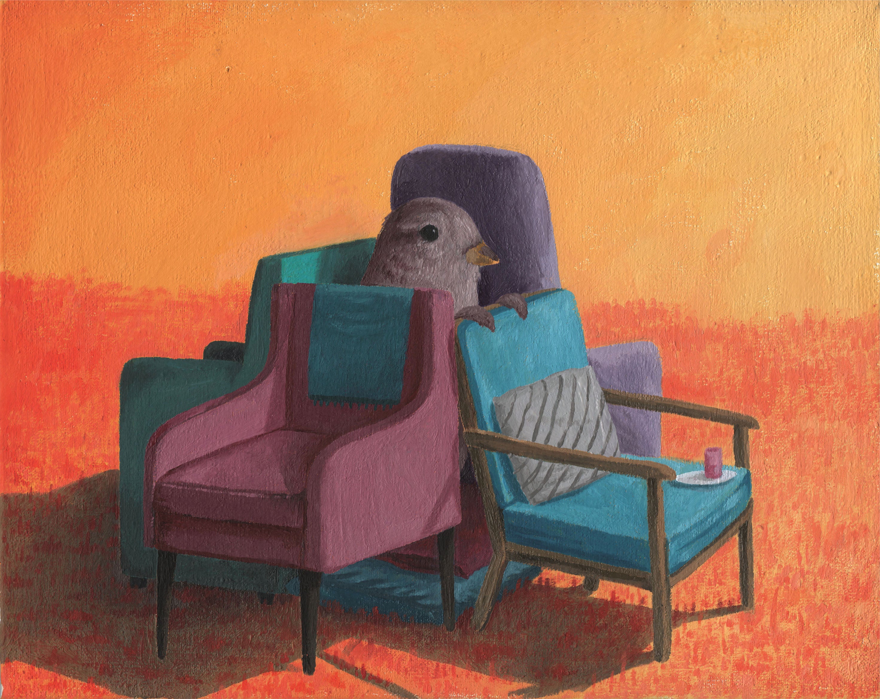 Orange canvas with grey bird and four chairs 