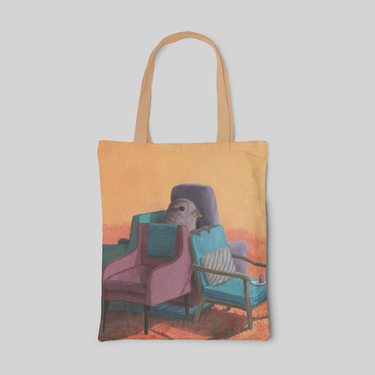 Orange lowbrow designed tote bag with a grey bird get trapped in four chairs, front side