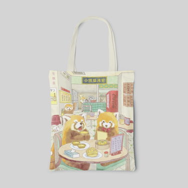 urban theme designed tote bag with two red pandas eating at traditional HK local restaurant, front side