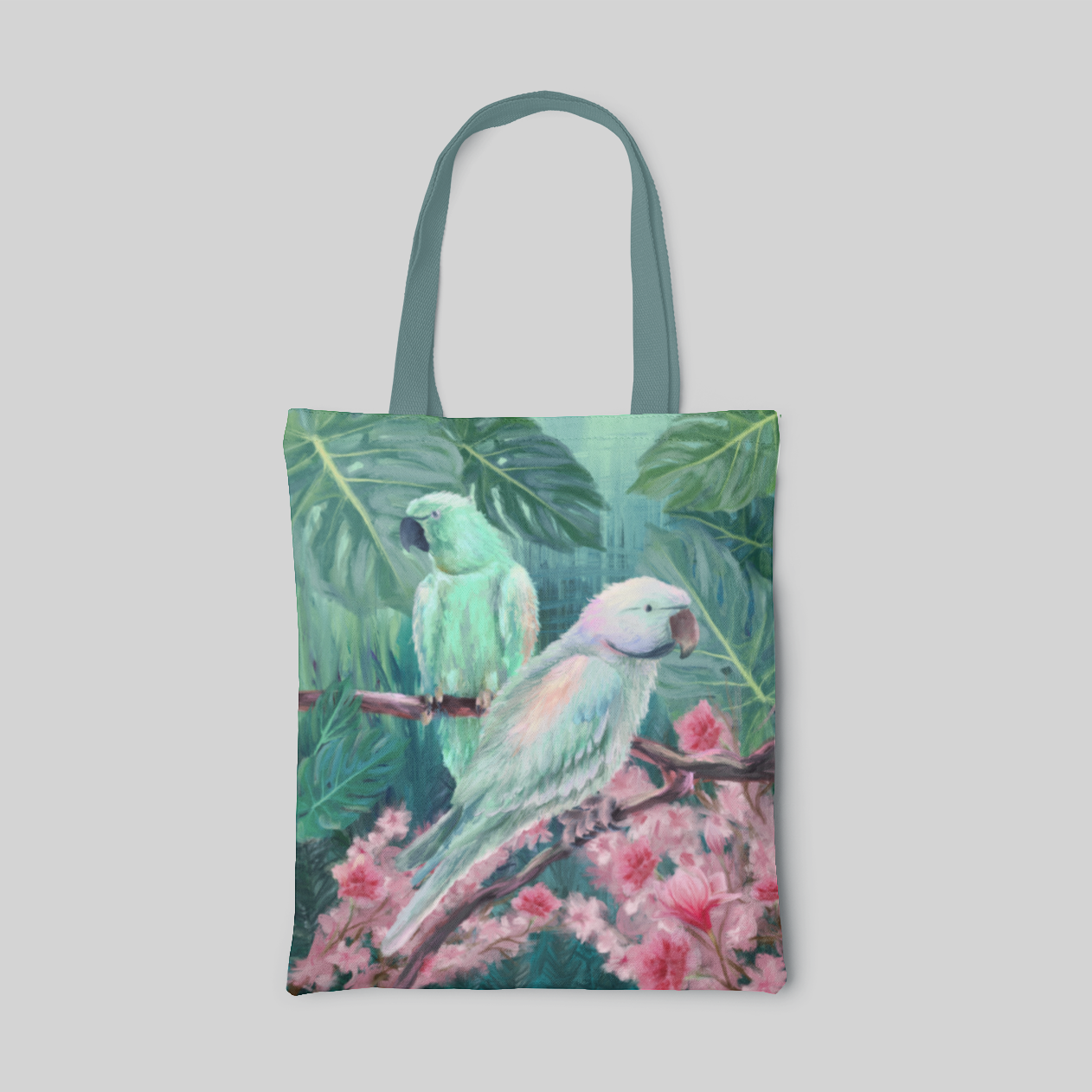 nature themed designed green tote bag with two parakeets on cherry blossom branches which surrounded by many green plants, front side