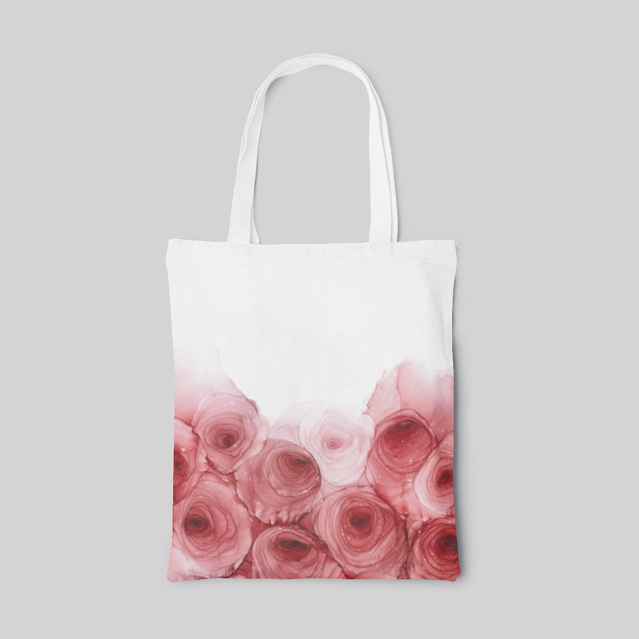 White minimalist designed tote bag with roses, front side