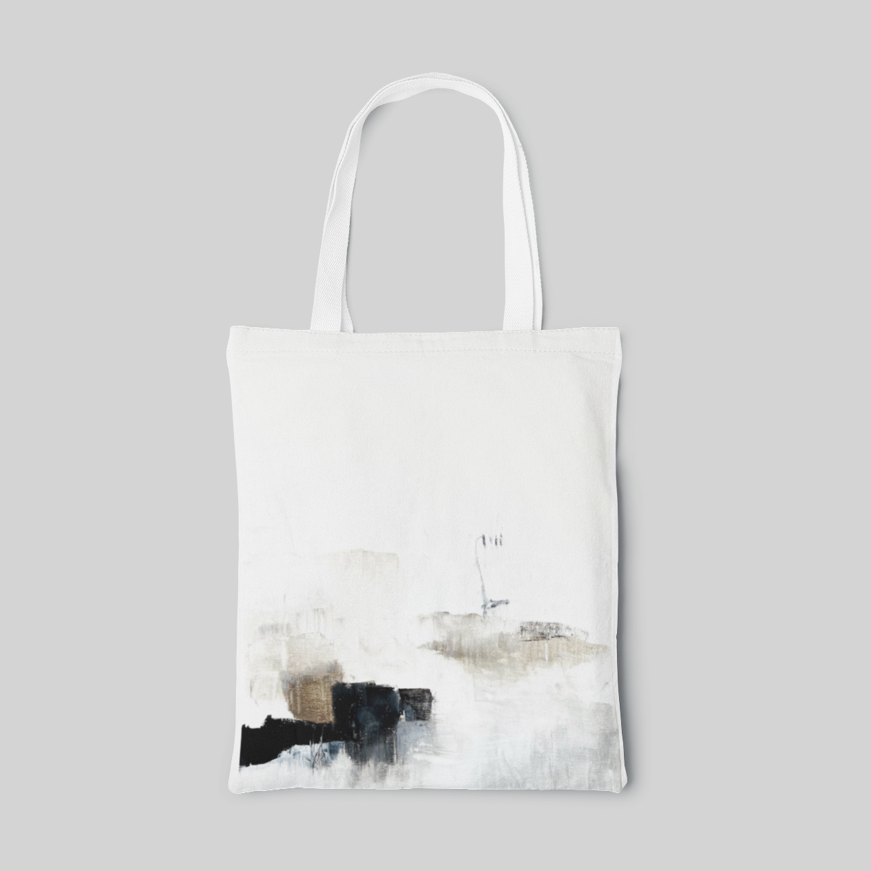 white designed tote bag which brushes on white, brown and black colours, front side