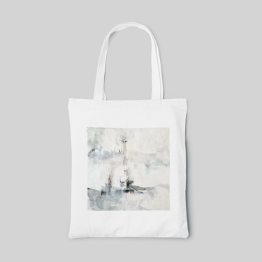 white abstract designed tote bag with dark blue and black strokes on blanch square base, front side