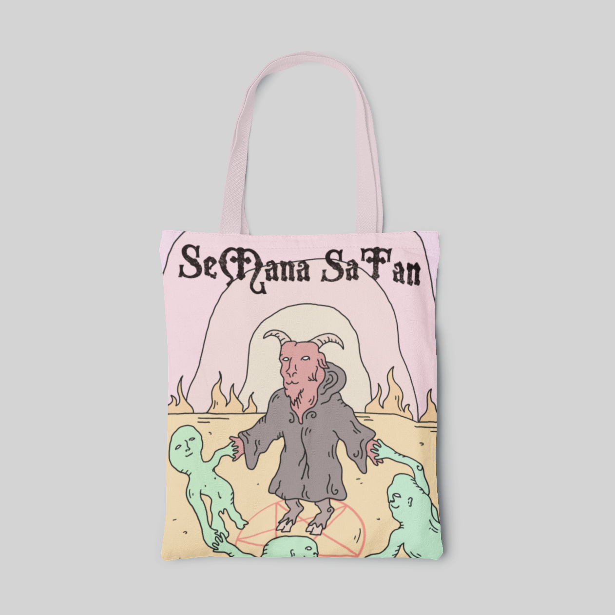 lowbrow designed tote bag with goat satan illustration and it circling with three aliens on a pink and yellow background, front side