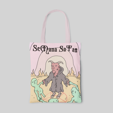 lowbrow designed tote bag with goat satan illustration and it circling with three aliens on a pink and yellow background, front side