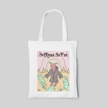 White lowbrow designed tote bag with goat satan illustration and it circling with three aliens on a pink and yellow background, front side