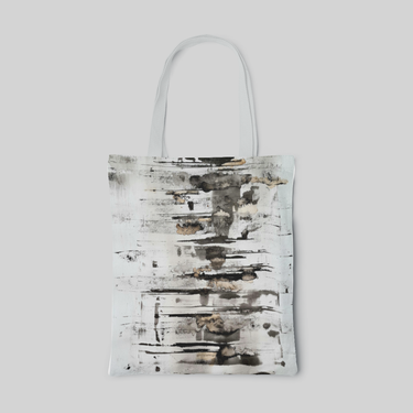 pale blue abstract designed tote bag with a collage with various self-made papers, stamps, textures, ink painting and coffee extract to represent the dazzling Earth, front side