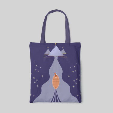 Dark purple designed tote bag with orange boat in the sea sailing toward the triangle island, front side