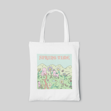 White lowbrow designed tote bag with pastel green anthropomorphic nature illustration, front side