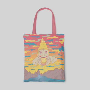 lowbrow designed tote bag with pink to yellow sunset, yellow, green and blue clouds and Thai buddha eating the sun, front side