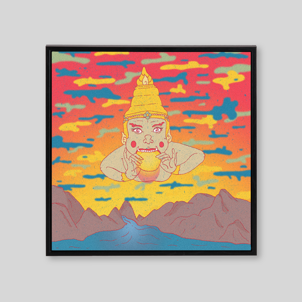 Sunset gradient with yellow and blue clouds and buddha eating the sun