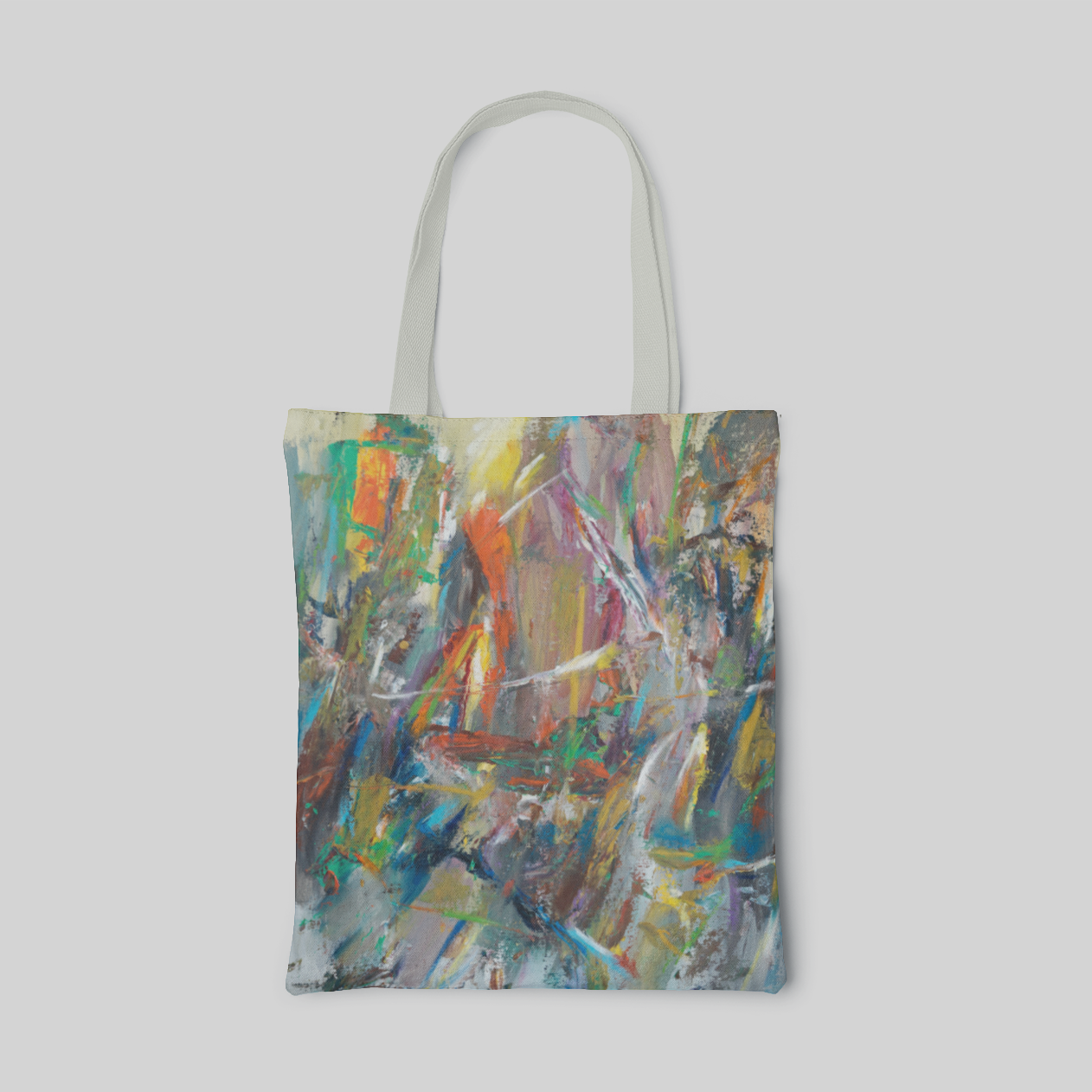 abstract designed tote bag with pale green handle and painting strokes with many colours, front side