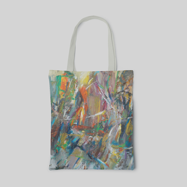 abstract designed tote bag with pale green handle and painting strokes with many colours, front side