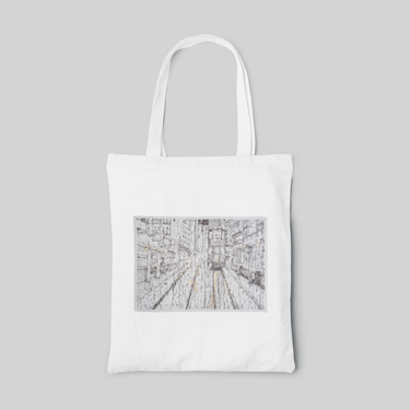 White urban sketch designed tote bag with monochrome line drawings of Hong Kong city, front side