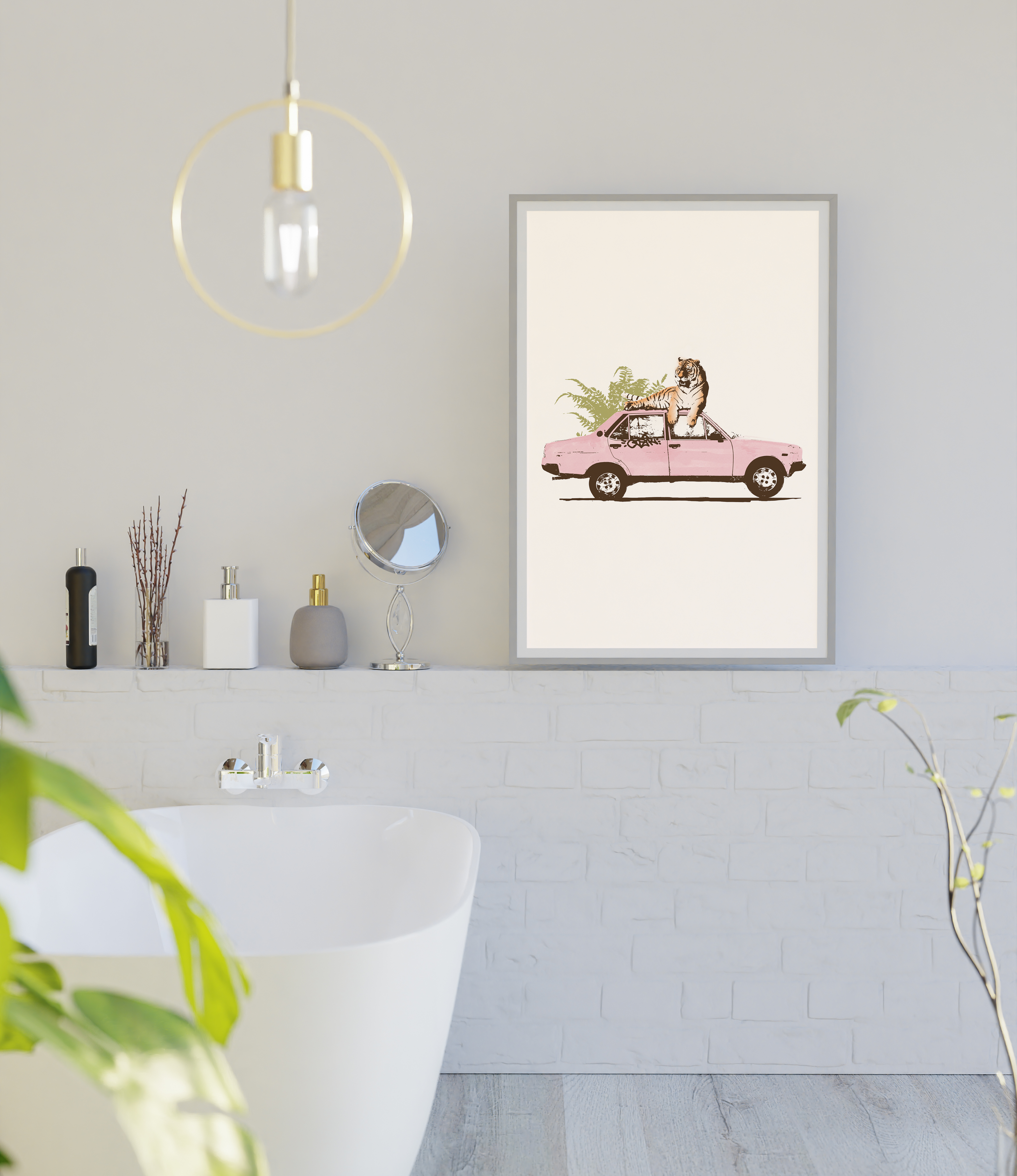Beige background with tiger on pink car 