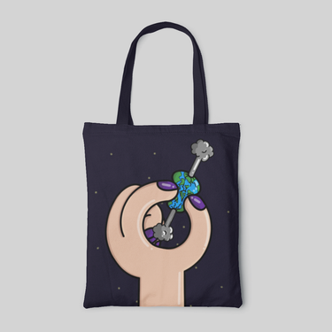 dark navy cartoon designed tote bag with cartoon a hand holding impaled earth, front side