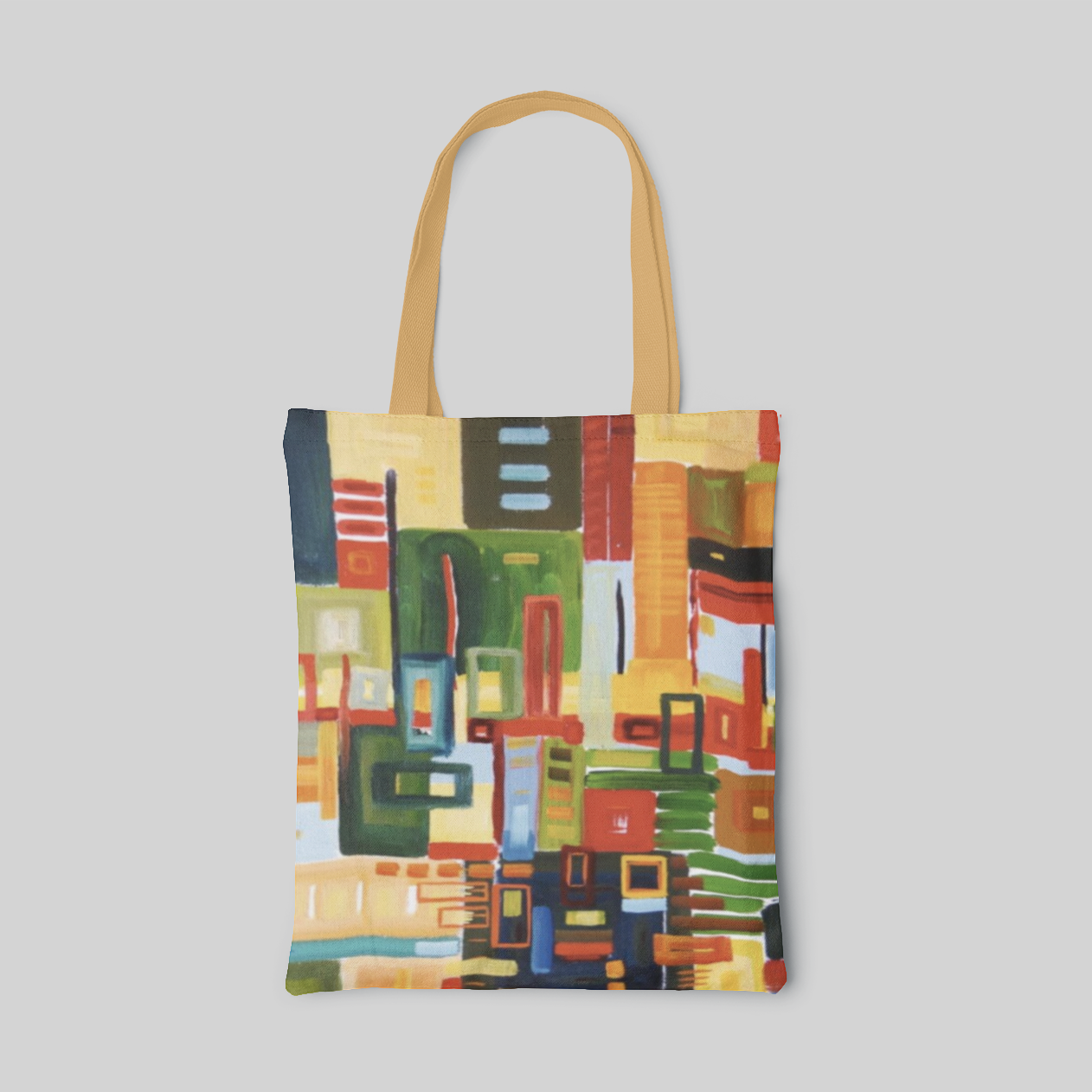 yellow abstract designed tote bag, oil painting with different colours and quadrilaterals, front side