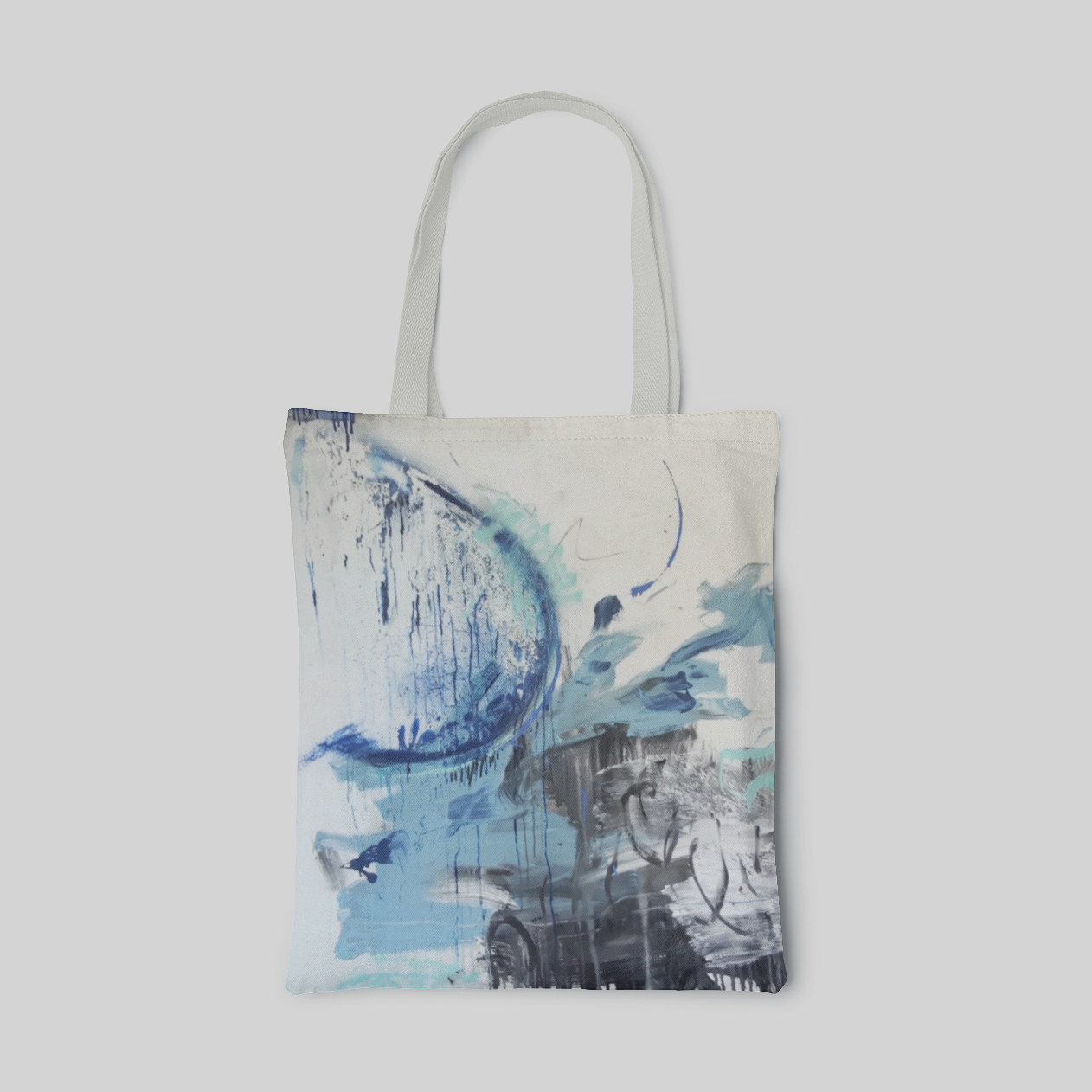 blanch abstract designed tote bag with blue and black paint art, front side