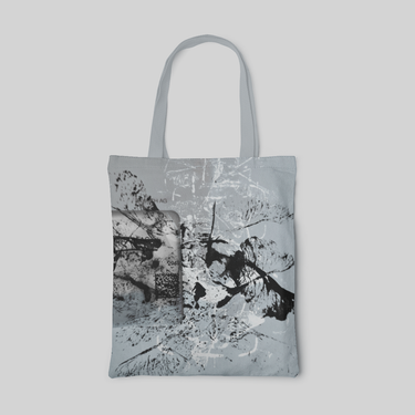 grey abstract designed tote bag with breathe something beautiful into a withered (transience) seed of the Acer pseudoplatanus (sycamore maple), express with black and white ink, front side