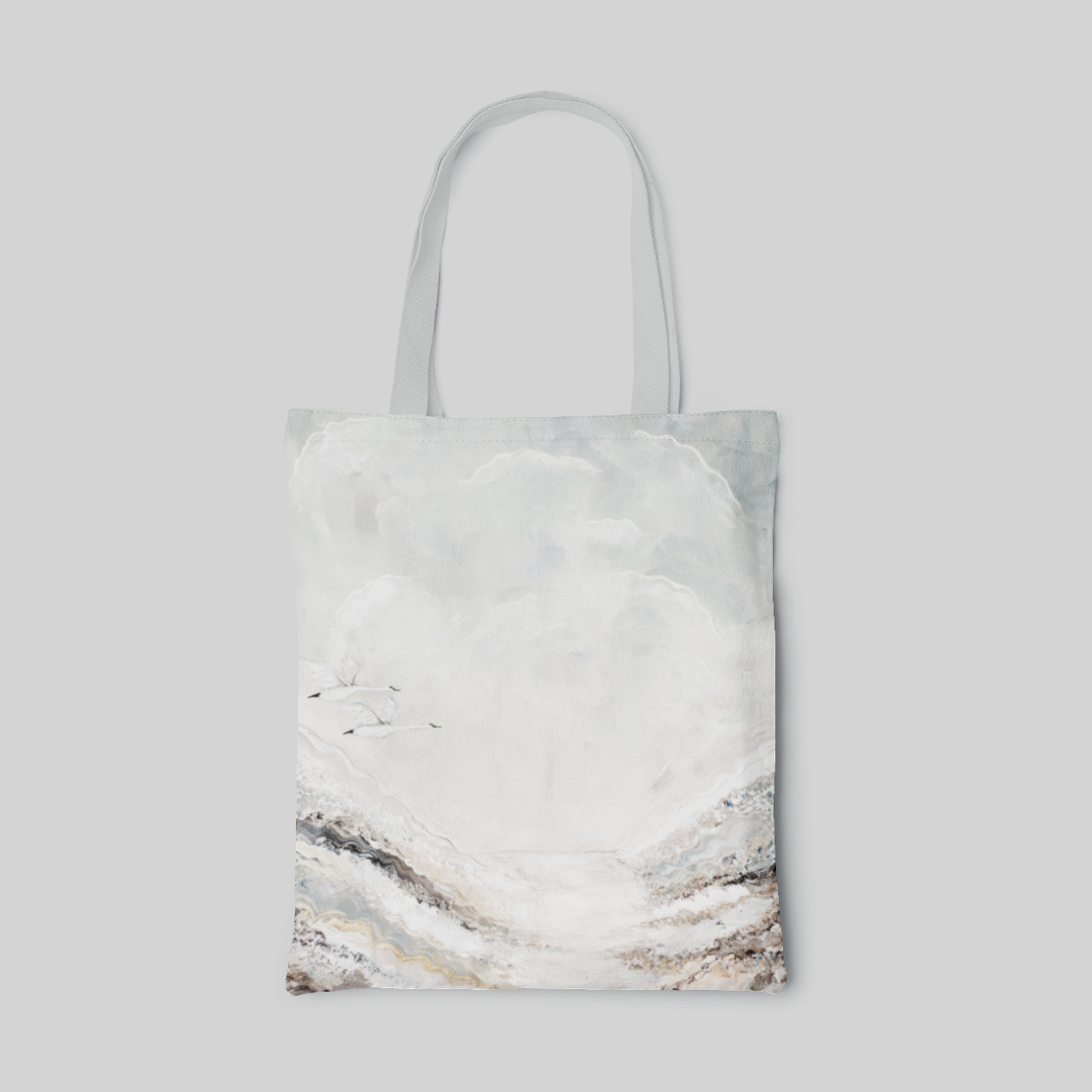 grey abstract designed tote bag with a pair swans flying in the sky, front side