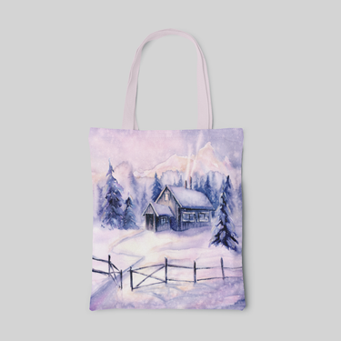 watercolour designed tote bag with purple and white theme of isolated wooden house in snow in the woods, front side