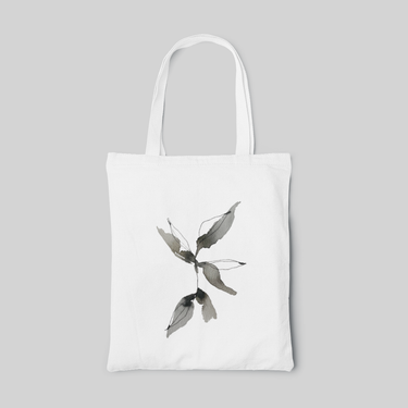 a abstract, minimalist tote bag with watercolour leaves and marker leaves lines, front side