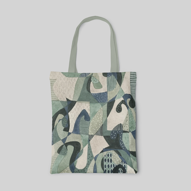 Abstract designed tote bag with green, beige and blue patterns, front side